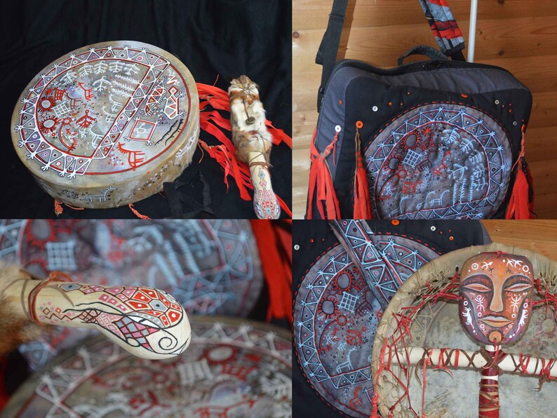 Shamanic set for the ceremony: tambourine, bag, mallet and mask