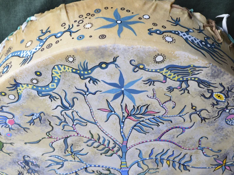 Shamanic hand painted drum, depicting a map of the world